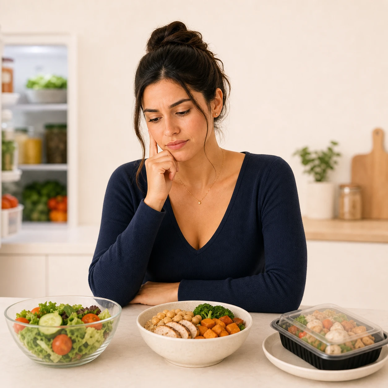 Mujer decidiendo qué comer
