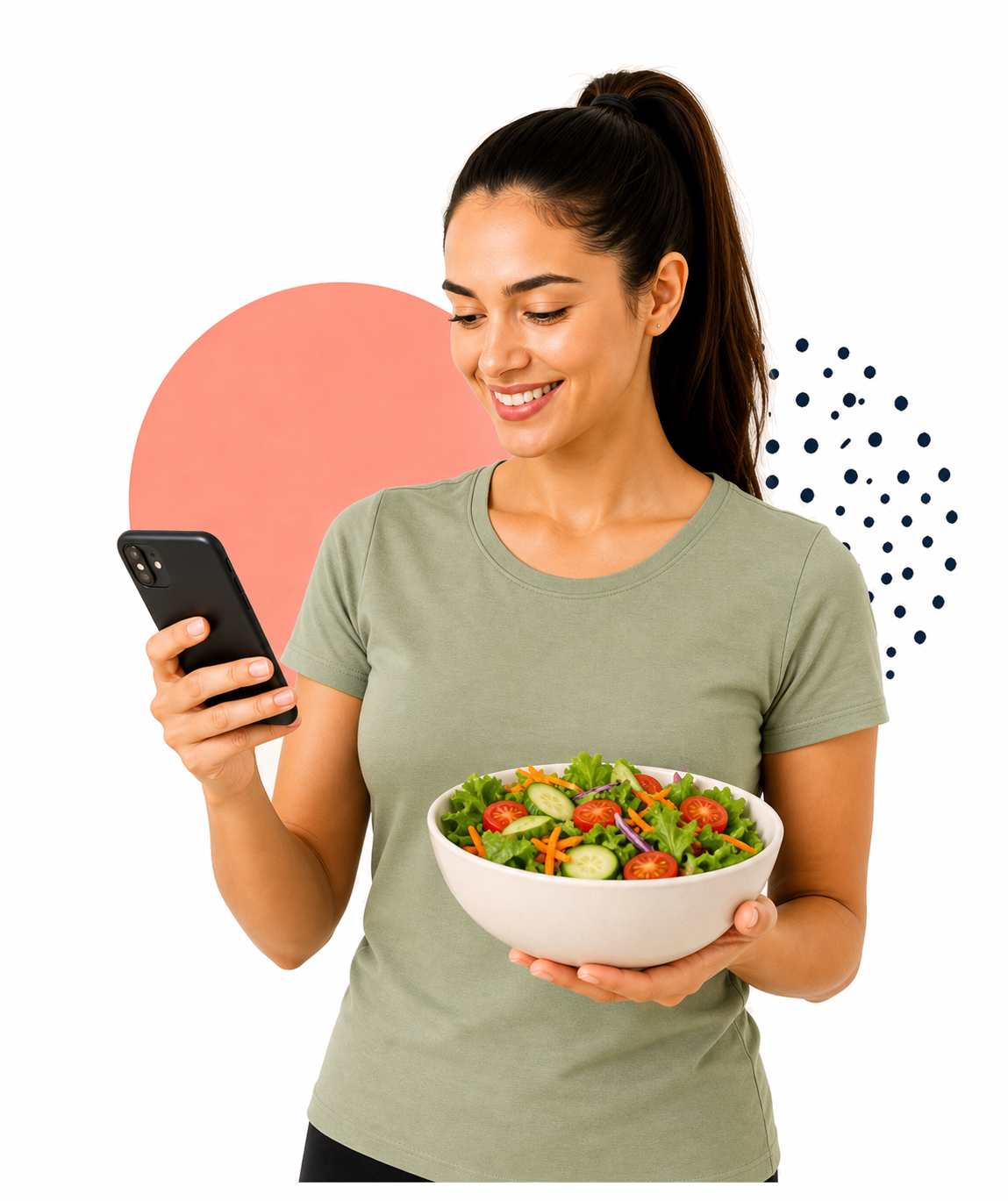 Mujer usando Habix con un bowl saludable y su celular